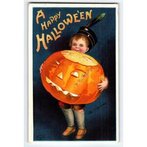 Vintage Ellen Clapsaddle Signed 1910 Halloween Postcard Child with JOL Embossed